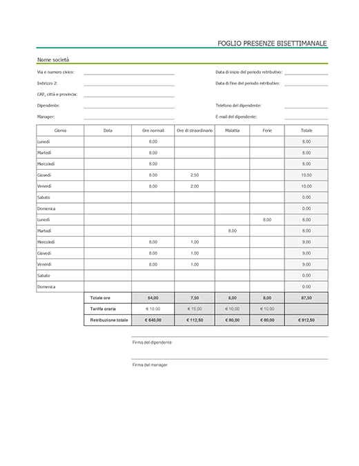 Scheda attività bisettimanale con assenze per malattia e ferie (con dati di esempio) Scheda attività bisettimanale con assenze per malattia e ferie (con dati di esempio)