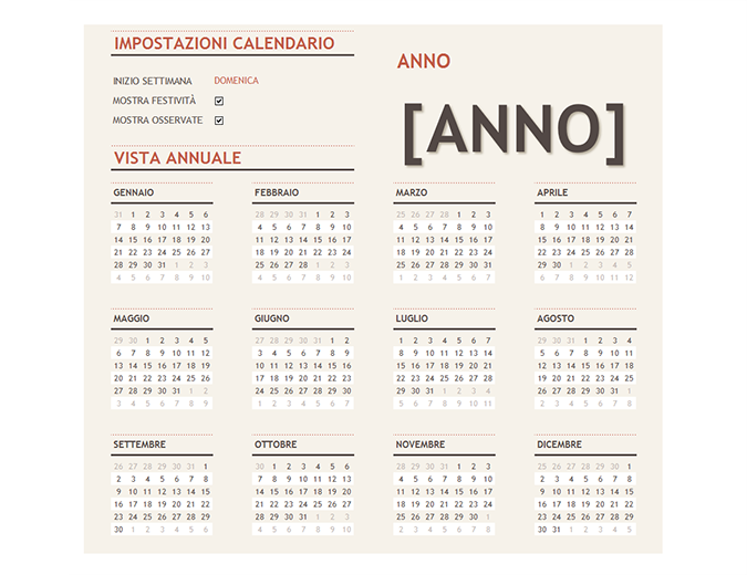Calendario per qualsiasi anno con tabella delle festività