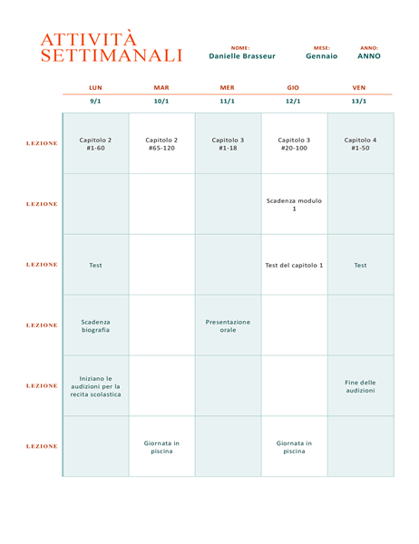 Programma attività settimanali Programma attività settimanali
