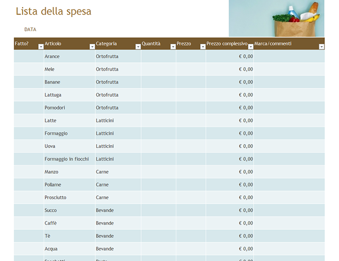 menu settimanale dieta a punti in excel