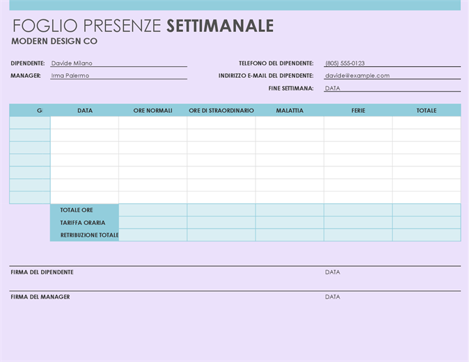 Foglio presenze settimanale (21,6 x 27,9 cm, verticale) Foglio presenze settimanale (21,6 x 27,9 cm, verticale)