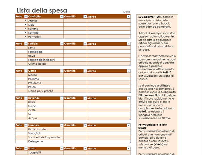 ricette per dieta a punti in excel