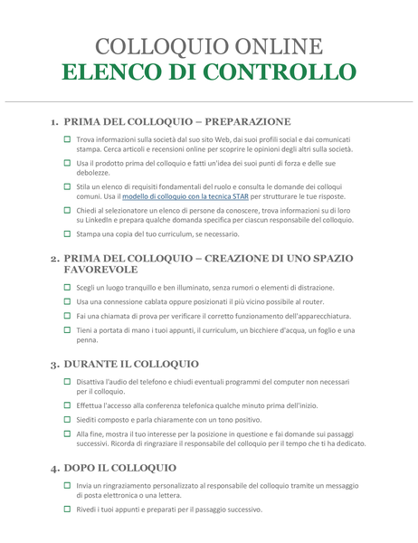 Elenco di controllo per colloquio online Elenco di controllo per colloquio online