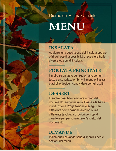 Menu del Giorno del Ringraziamento con foglie autunnali Menu del Giorno del Ringraziamento con foglie autunnali