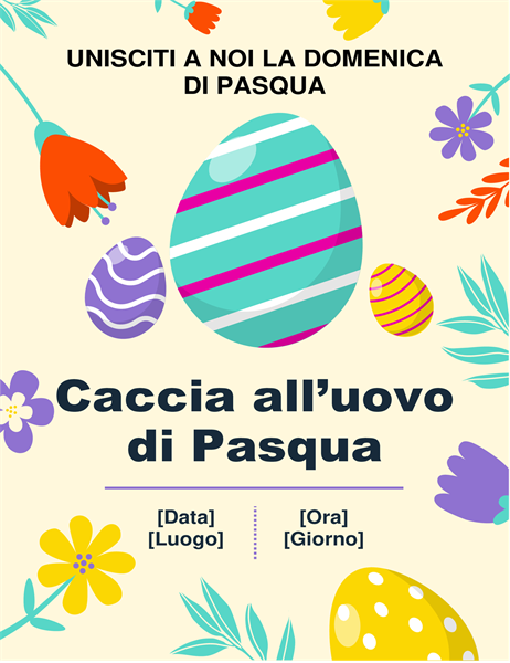 Volantino per la caccia all’uovo di Pasqua con colori primaverili Volantino per la caccia all’uovo di Pasqua con colori primaverili