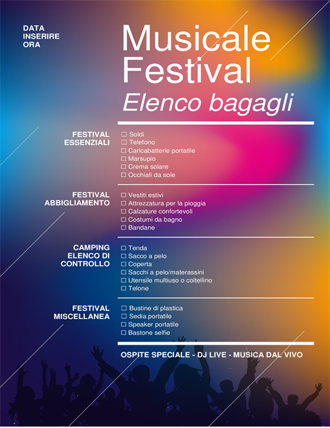 Elenco di controllo per la valigia del festival musicale Elenco di controllo per la valigia del festival musicale