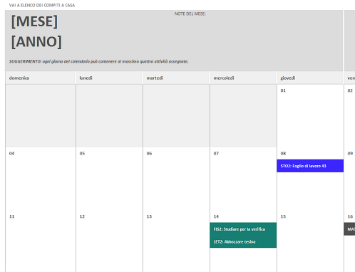 Calendario dei compiti a casa Calendario dei compiti a casa