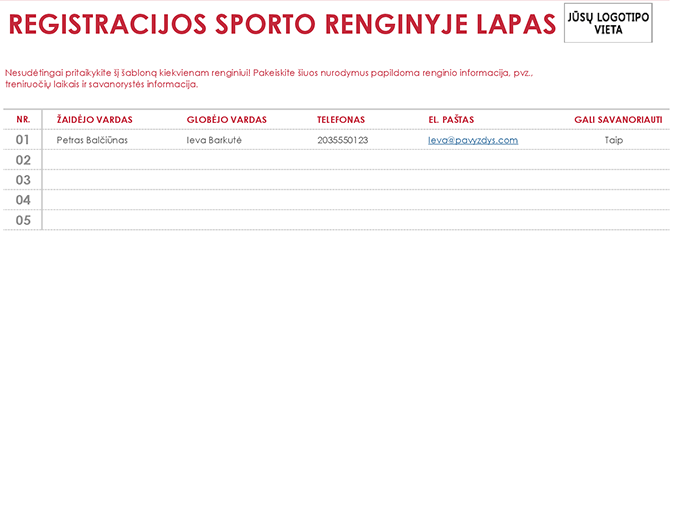 Registracijos sporto renginyje lapas Registracijos sporto renginyje lapas