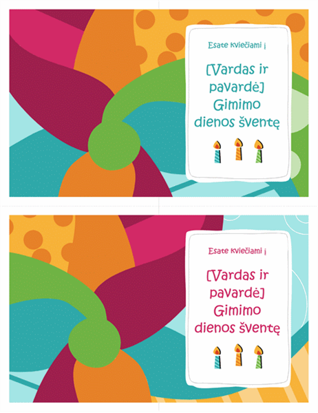 Kvietimo į gimtadienio šventę kortelės (dvi viename puslapyje, ryškaus dizaino) Kvietimo į gimtadienio šventę kortelės (dvi viename puslapyje, ryškaus dizaino)