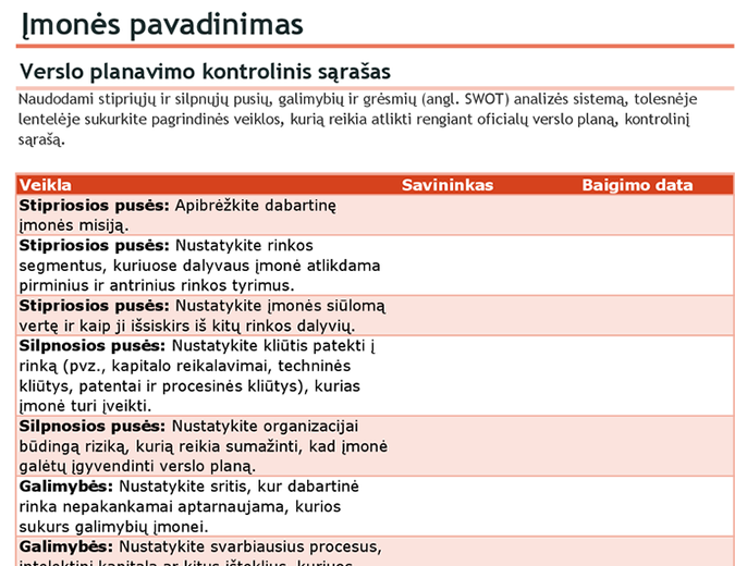 Verslo plano kontrolinis sąrašas su SWOT analize Verslo plano kontrolinis sąrašas su SWOT analize