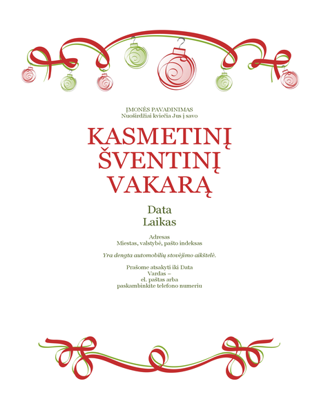 Atostogų vakarėlio kvietimas su ornamentais ir raudonu kaspinu (formalaus dizaino) Atostogų vakarėlio kvietimas su ornamentais ir raudonu kaspinu (formalaus dizaino)