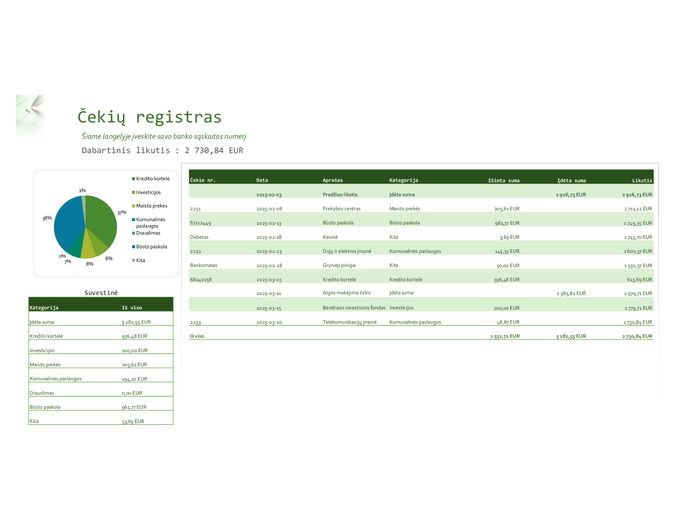 Čekių registras su diagrama Čekių registras su diagrama