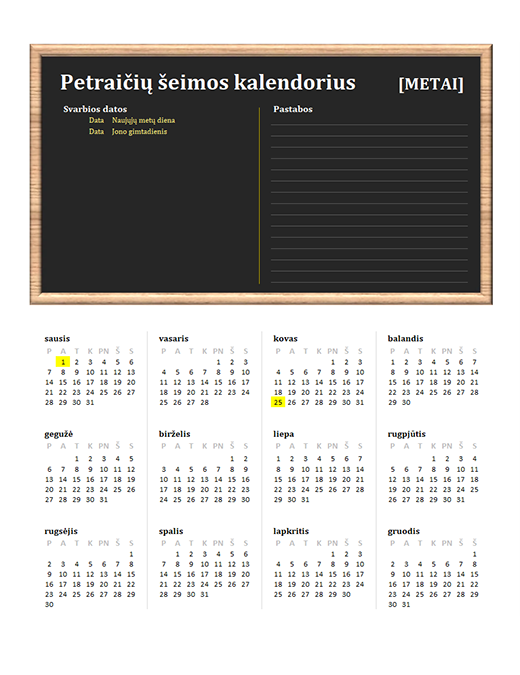 Šeimos kalendorius (bet kurių metų, Pr–Sk) Šeimos kalendorius (bet kurių metų, Pr–Sk)