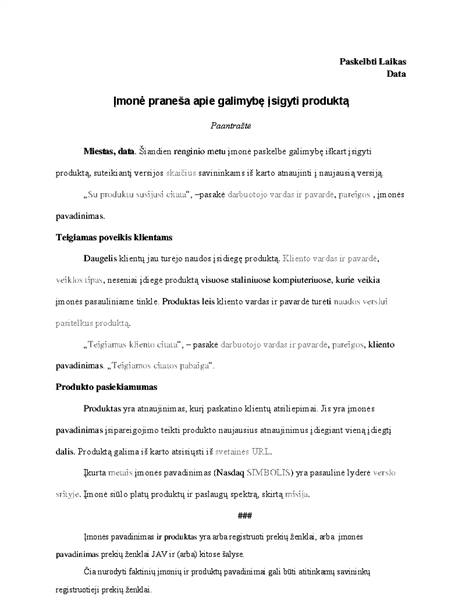 Pranešimas spaudai apie produktą Pranešimas spaudai apie produktą