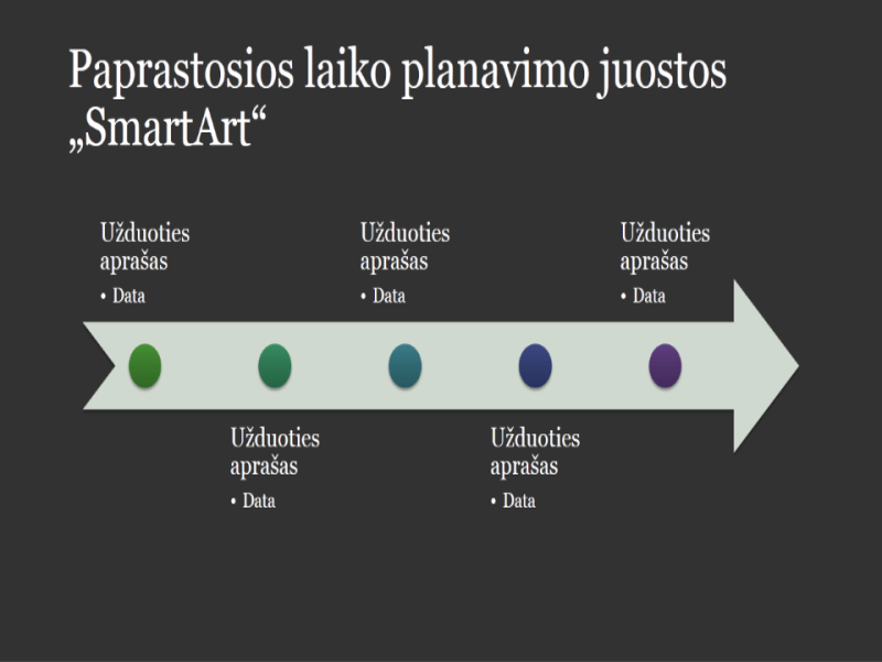 Pagrindinės laiko juostos „SmartArt“ grafinis elementas (balta spalva tamsiai pilkame fone), plačiaekranis Pagrindinės laiko juostos „SmartArt“ grafinis elementas (balta spalva tamsiai pilkame fone), plačiaekranis