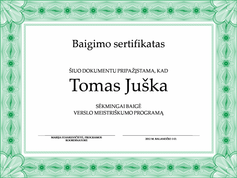 Baigimo sertifikatas (žalias) Baigimo sertifikatas (žalias)