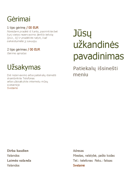 Patiekalų išsinešti meniu