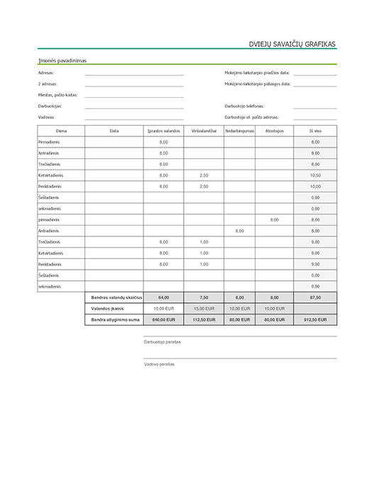 Dviejų savaičių tabelis su nedarbo ir atostogų informacija (su duomenų pavyzdžiais) Dviejų savaičių tabelis su nedarbo ir atostogų informacija (su duomenų pavyzdžiais)