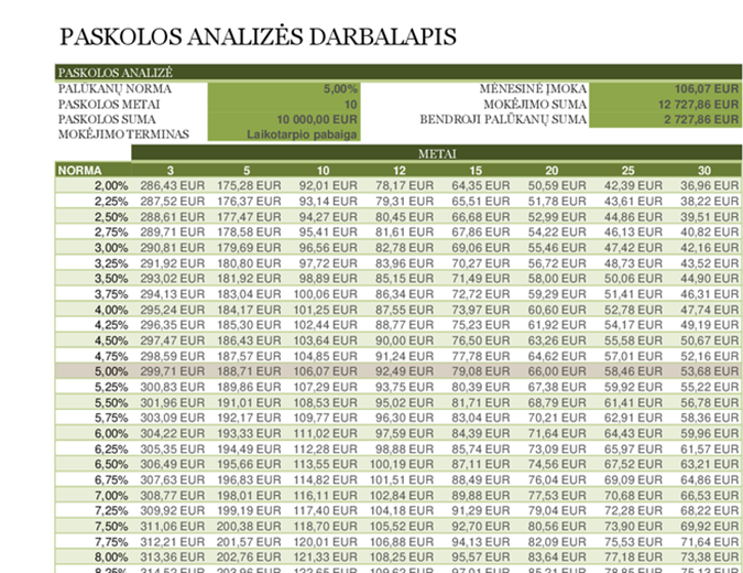 Paskolos analizės darbalapis Paskolos analizės darbalapis
