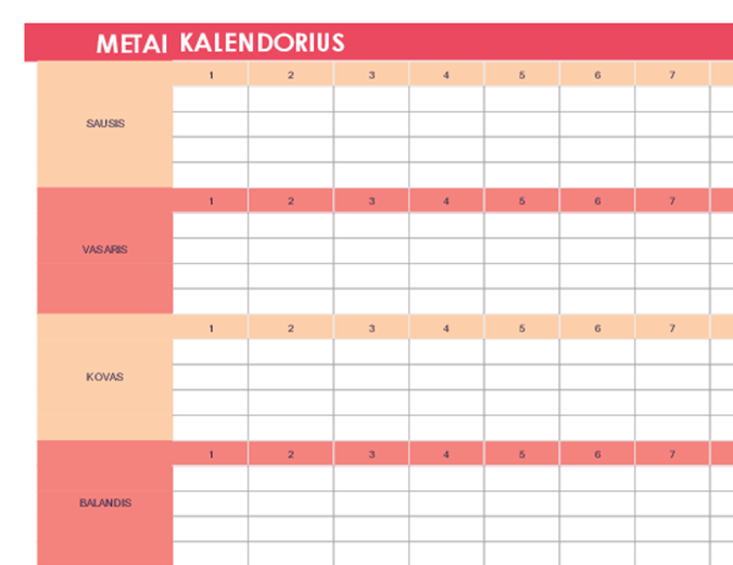 Kalendorius (bet kurių metų, horizontalus) Kalendorius (bet kurių metų, horizontalus)
