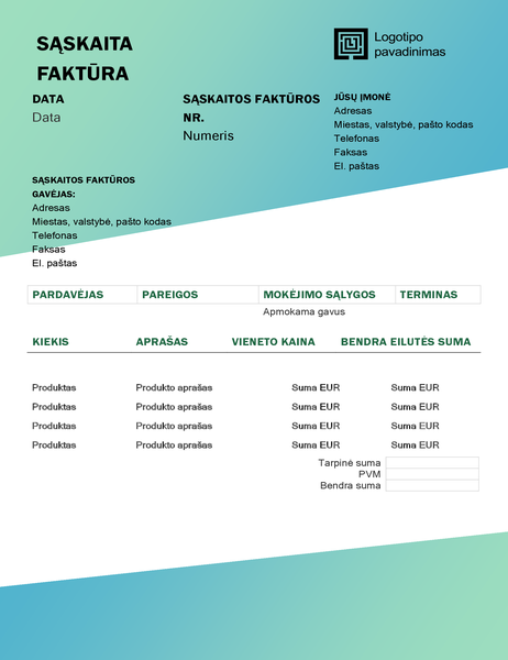 Paslaugų sąskaita faktūra (dizainas „Žalias gradientas“) Paslaugų sąskaita faktūra (dizainas „Žalias gradientas“)