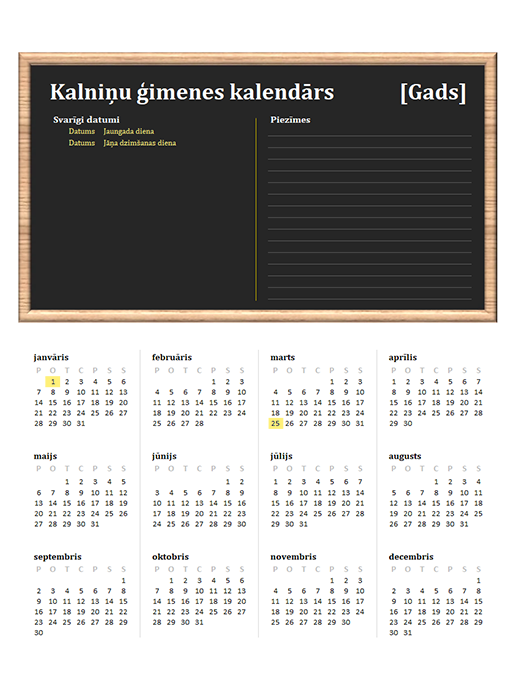 Ģimenes kalendārs (jebkurš gads, P–Sv) Ģimenes kalendārs (jebkurš gads, P–Sv)