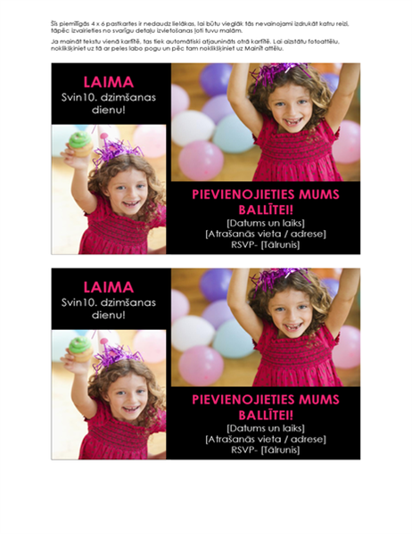 Dzimšanas dienas svinības uzaicinājuma pastkartes ar fotoattēliem (divas katrā lapā) Dzimšanas dienas svinības uzaicinājuma pastkartes ar fotoattēliem (divas katrā lapā)
