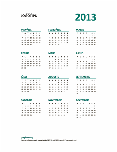 2013. gada vienas lapas kalendārs (P–S formāts) 2013. gada vienas lapas kalendārs (P–S formāts)