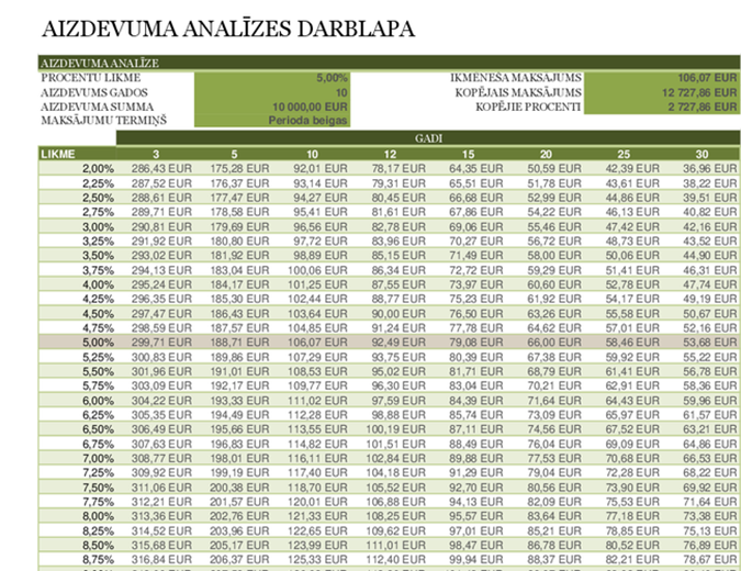 Aizdevuma analīzes darblapa Aizdevuma analīzes darblapa