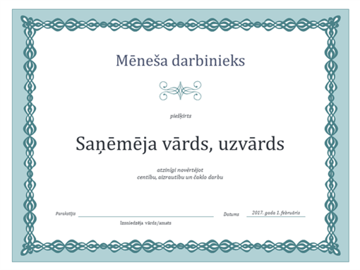 Mēneša darbinieka atzinības raksts (zils ķēžu motīvu noformējums) Mēneša darbinieka atzinības raksts (zils ķēžu motīvu noformējums)
