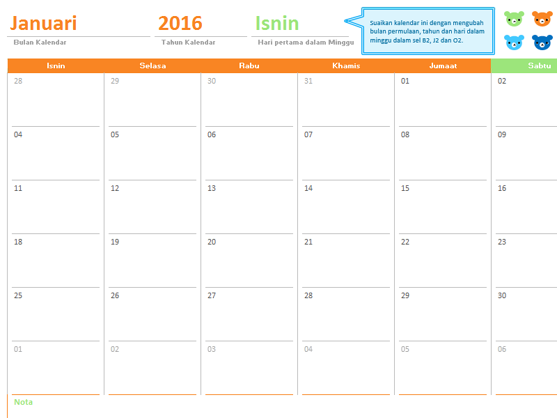 Kalendar bulanan sebarang tahun (12 halaman, reka bentuk Beruang Pelangi) Kalendar bulanan sebarang tahun (12 halaman, reka bentuk Beruang Pelangi)