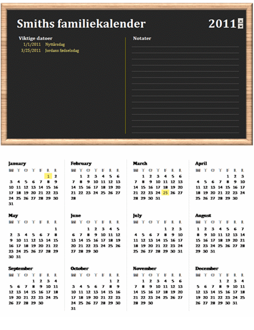Familiekalender (hvilket som helst år, mandag til søndag) Familiekalender (hvilket som helst år, mandag til søndag)