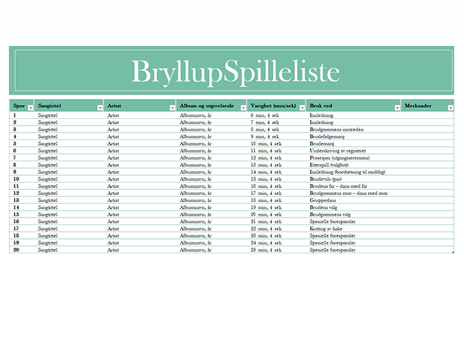 Spilleliste for bryllup Spilleliste for bryllup