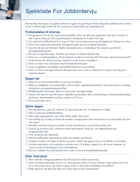 Sjekkliste for jobbintervju Sjekkliste for jobbintervju