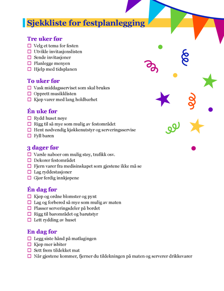 Sjekkliste for festplanlegging Sjekkliste for festplanlegging