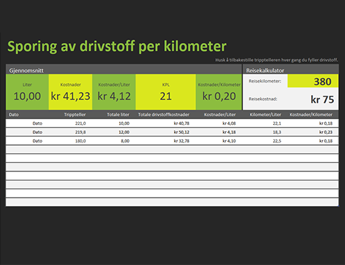 Logg for drivstoff-forbruk per kjørelengde Logg for drivstoff-forbruk per kjørelengde