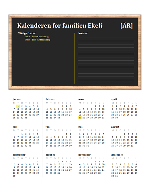 Familiekalender (alle år, man–søn)