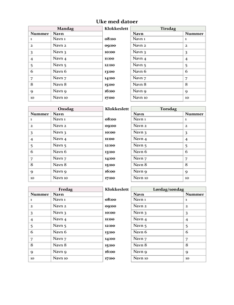 Skjema for ukentlige avtaler (1-s).