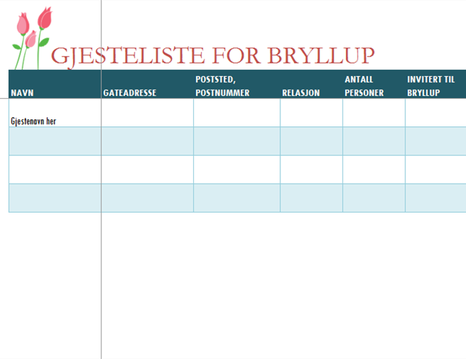 Liste for bryllupsgjester (med tulipaner) Liste for bryllupsgjester (med tulipaner)