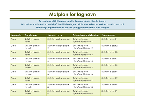 Registreringsskjema for mat for ungdomsidrett Registreringsskjema for mat for ungdomsidrett