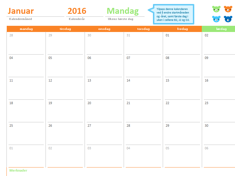 Månedlig kalender for alle år (tolv sider med utformingen Fargerike bjørner) Månedlig kalender for alle år (tolv sider med utformingen Fargerike bjørner)
