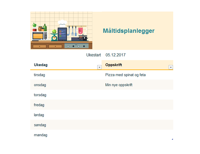Ukentlig måltidsplanlegger Ukentlig måltidsplanlegger