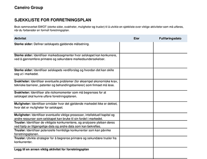 Sjekkliste for forretningsplan Sjekkliste for forretningsplan