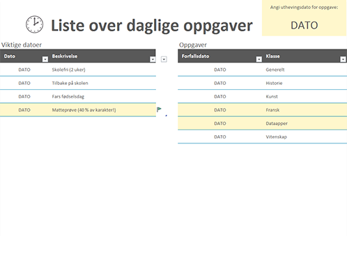 Liste over daglige oppgaver Liste over daglige oppgaver