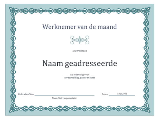 Certificaat voor werknemer van de maand (blauwe ketting) Certificaat voor werknemer van de maand (blauwe ketting)