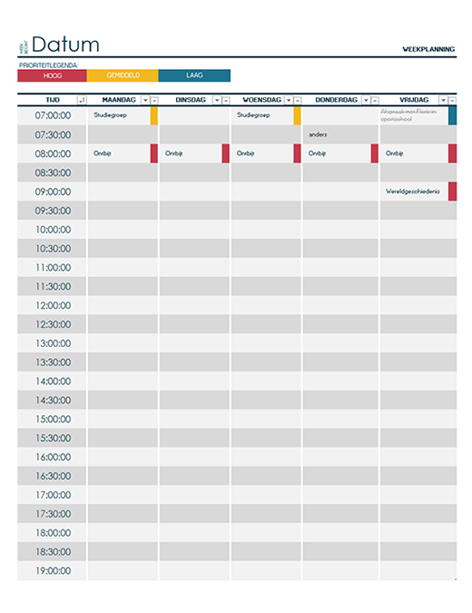 Wekelijkse collegeplanning Wekelijkse collegeplanning
