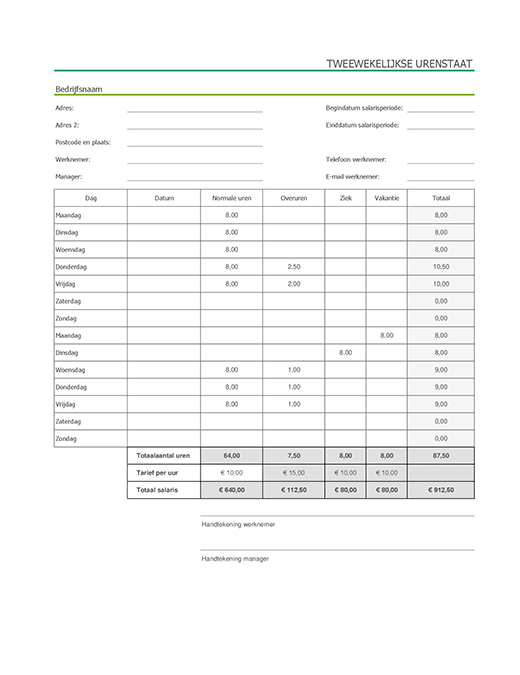 Tweewekelijkse urenstaat met ziekteverlof en vakantie-uren (met voorbeeldgegevens) Tweewekelijkse urenstaat met ziekteverlof en vakantie-uren (met voorbeeldgegevens)