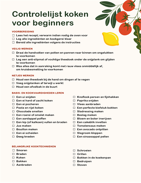 Controlelijst koken voor beginners Controlelijst koken voor beginners