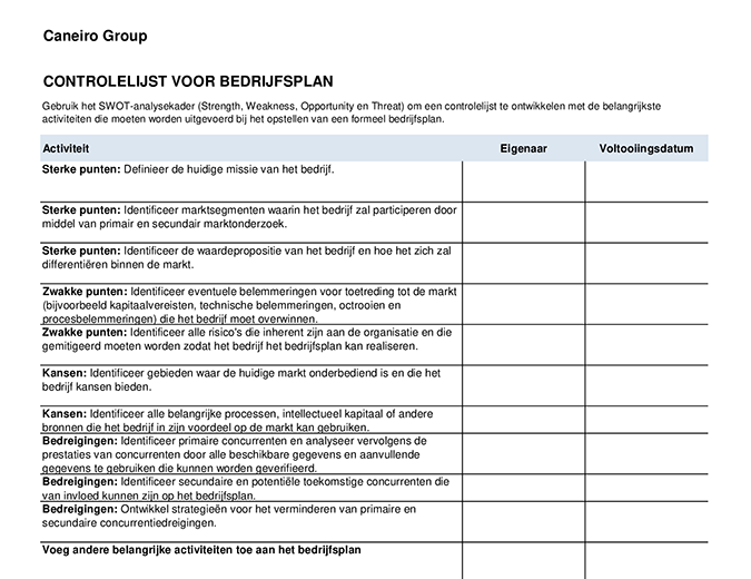 Controlelijst voor bedrijfsplan Controlelijst voor bedrijfsplan