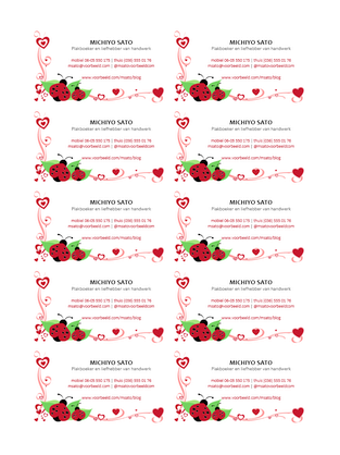 Visitekaartjes (lieveheersbeestjes en hartjes, gecentreerd, 10 per pagina) Visitekaartjes (lieveheersbeestjes en hartjes, gecentreerd, 10 per pagina)
